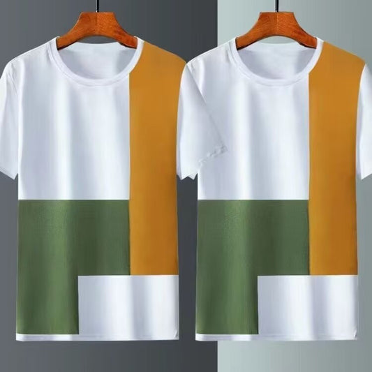 Men's Premium Geometric Color Block T-Shirt_Ice Silk Breathable Loose Fit Casual Streetwear Tee