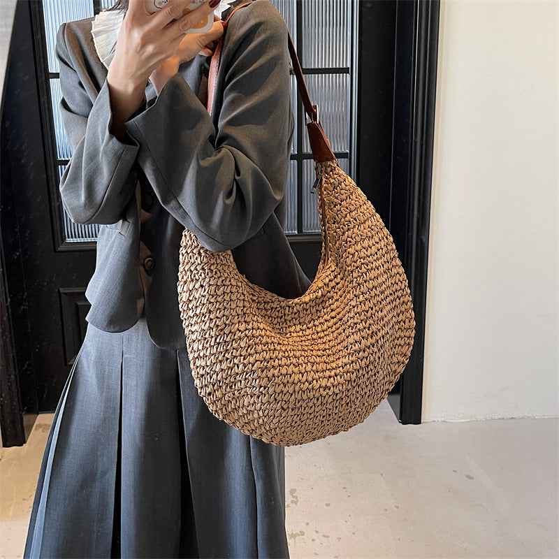Woven Bag Women  Casual Large Capacity Handmade Straw Shoulder  Purse