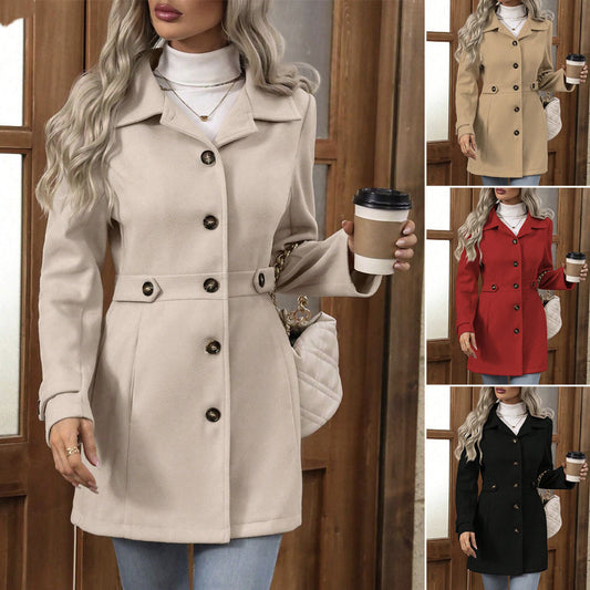 Women's Double -Breasted Wool Blend Coat - Elegant Slim Fit Winter Overcoat