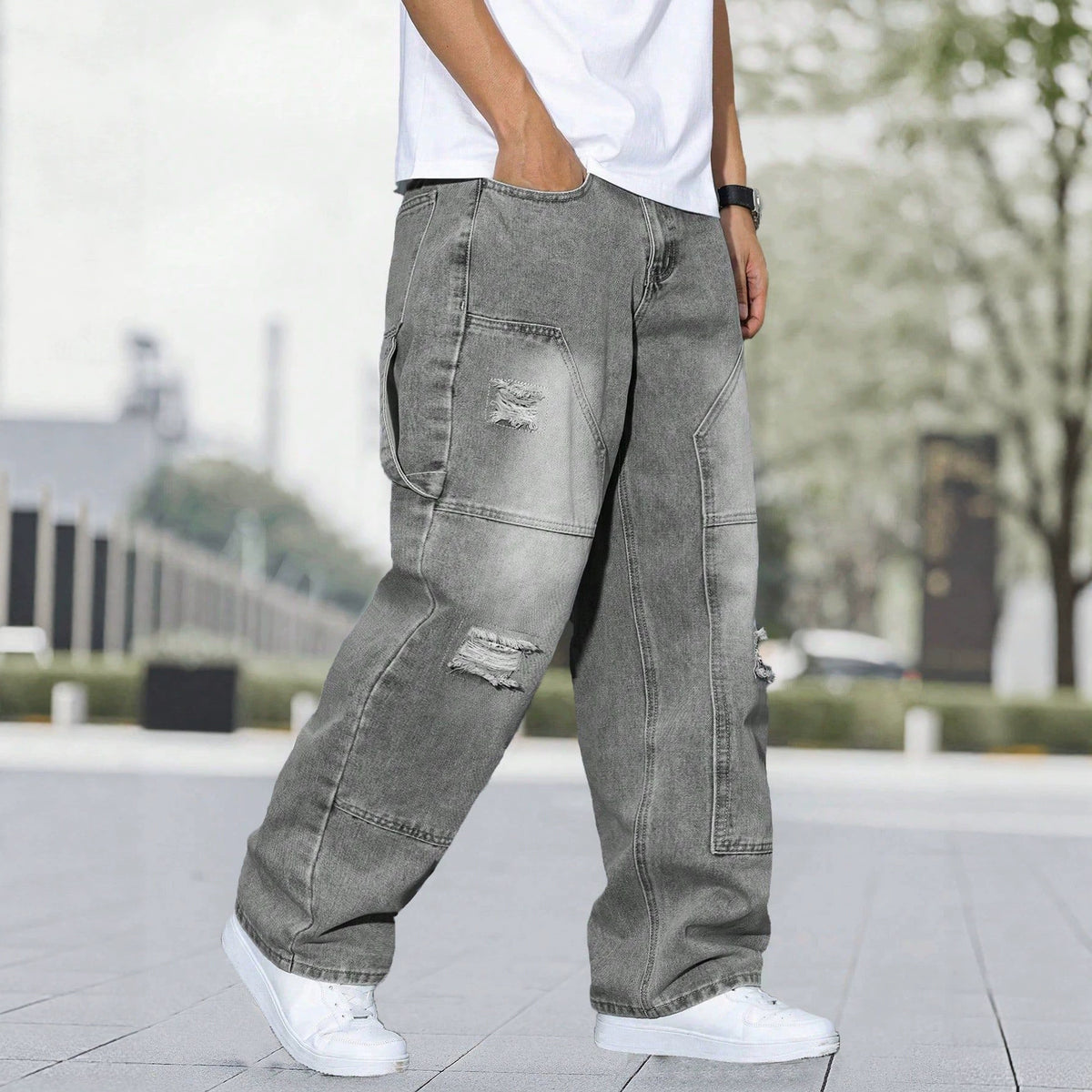 Stylish Men's Distressed Denim Jeans with Retro Wash and Patch Design