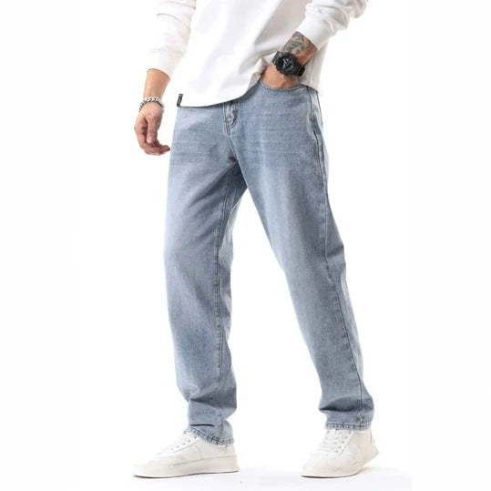 Men's Casual Denim Pants - Retro Washed Blue for Comfortable Summer Style