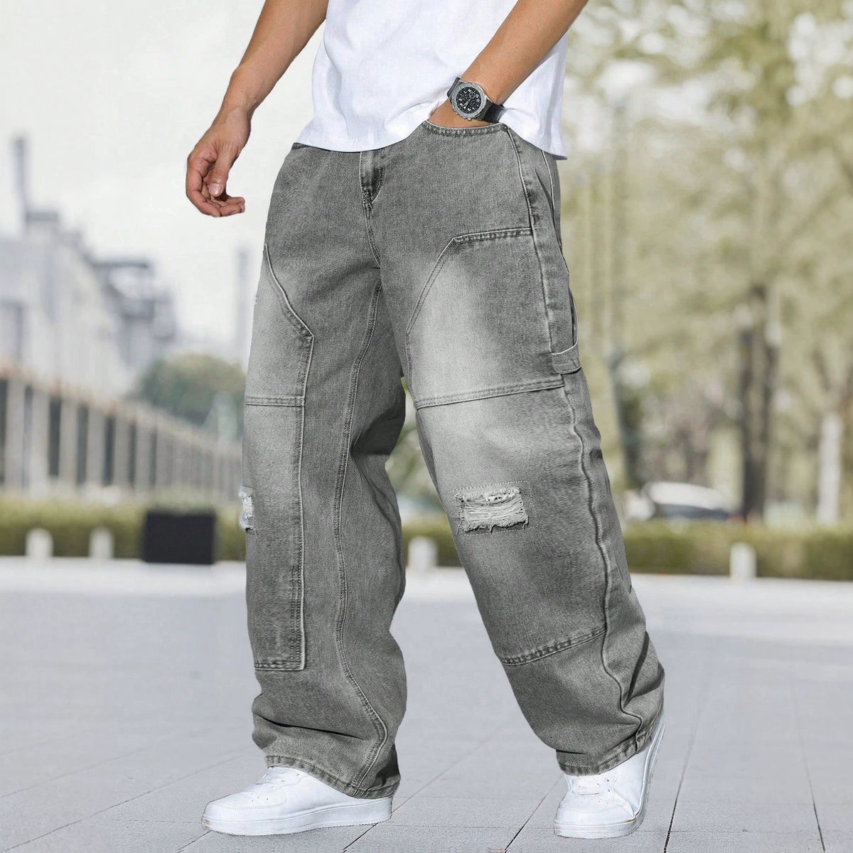 Stylish Men's Distressed Denim Jeans with Retro Wash and Patch Design