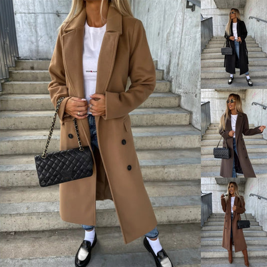 Women's Long Double Breasted Wool Blend Trench Coat - Elegant Winter Overcoat