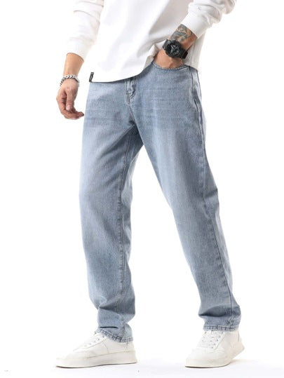 Men's Casual Denim Pants - Retro Washed Blue for Comfortable Summer Style