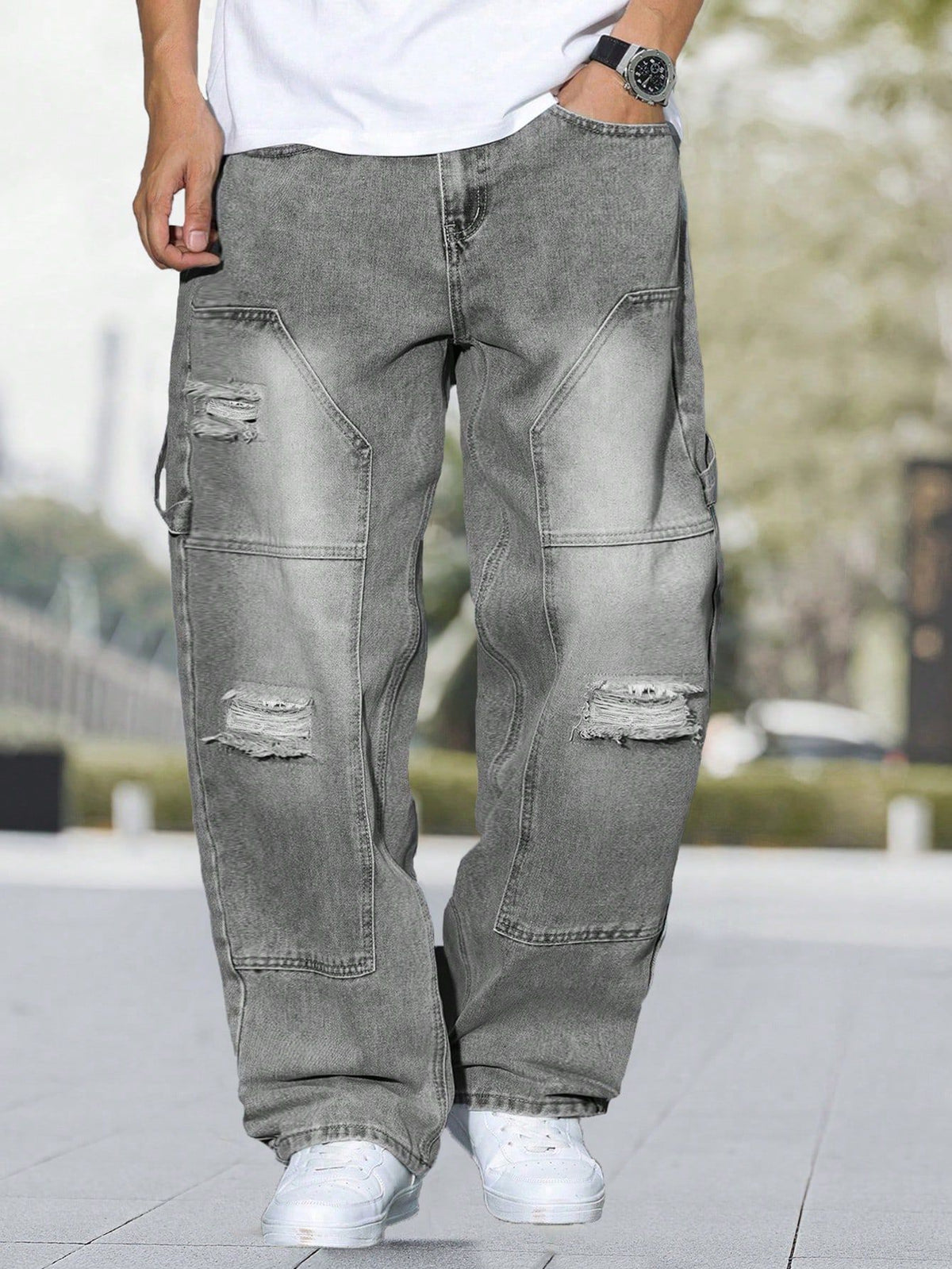 Stylish Men's Distressed Denim Jeans with Retro Wash and Patch Design