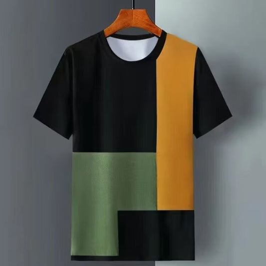 Men's Premium Geometric Color Block T-Shirt_Ice Silk Breathable Loose Fit Casual Streetwear Tee