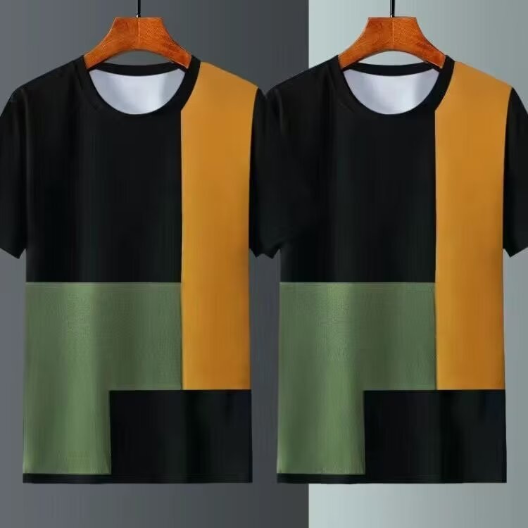 Men's Premium Geometric Color Block T-Shirt_Ice Silk Breathable Loose Fit Casual Streetwear Tee