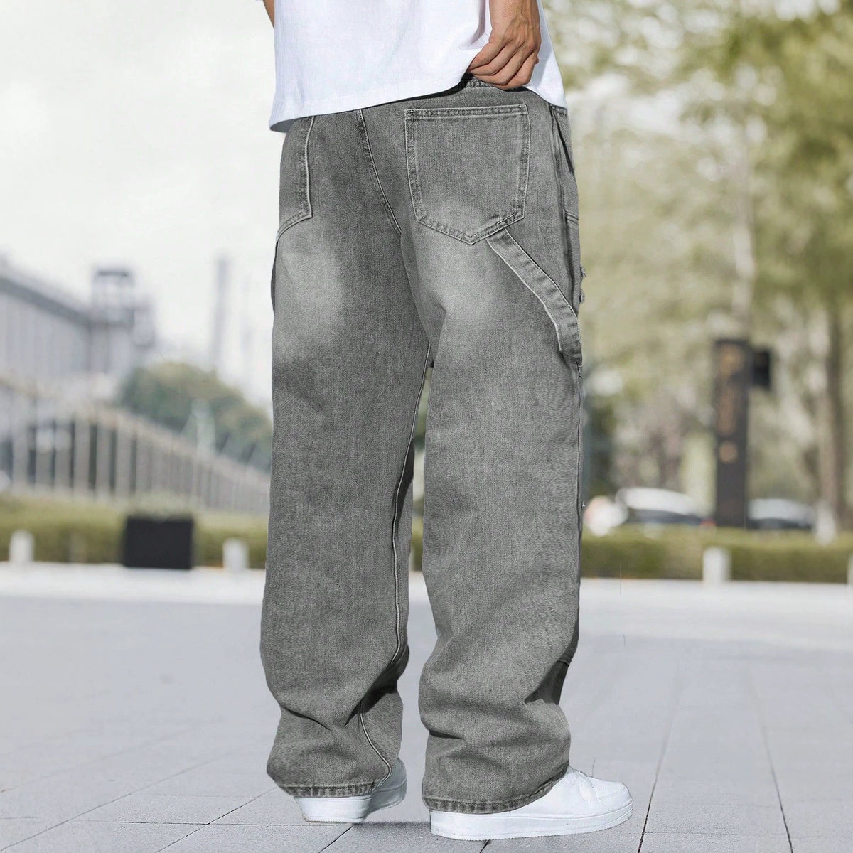 Stylish Men's Distressed Denim Jeans with Retro Wash and Patch Design