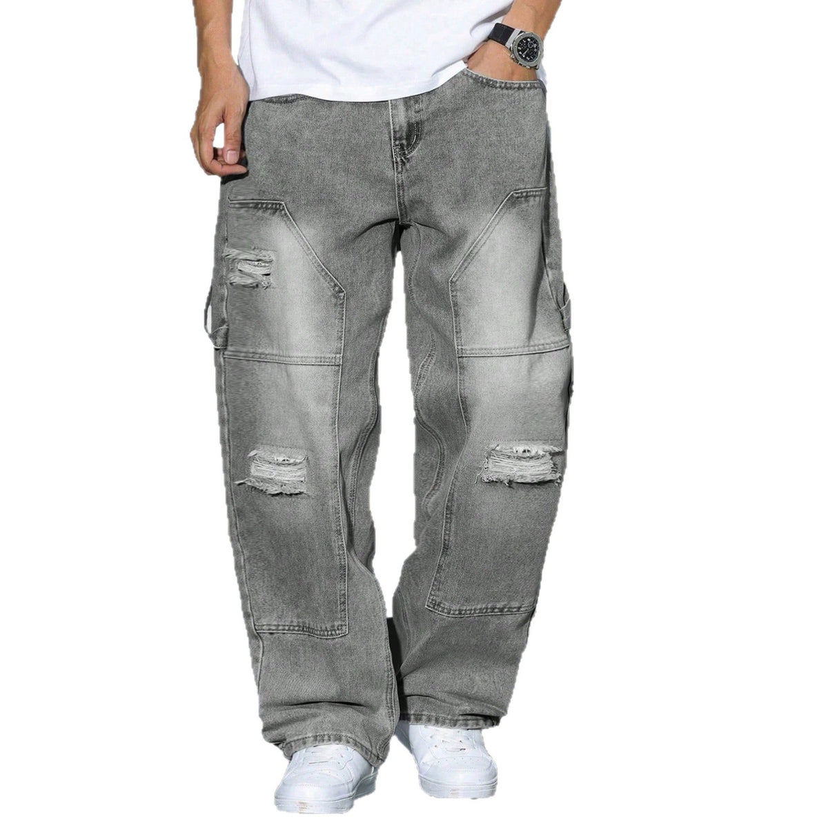 Stylish Men's Distressed Denim Jeans with Retro Wash and Patch Design