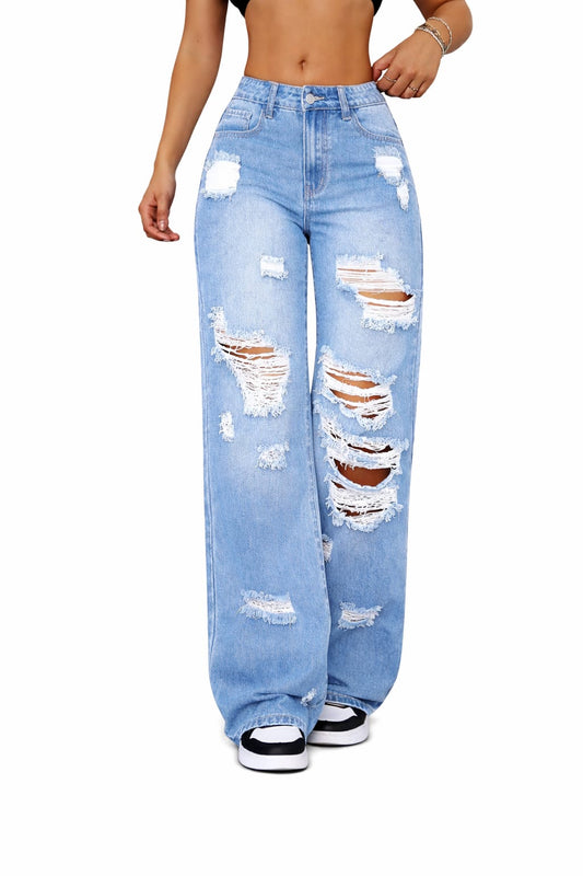 Women Ripped Straight Leg Denim Jeans