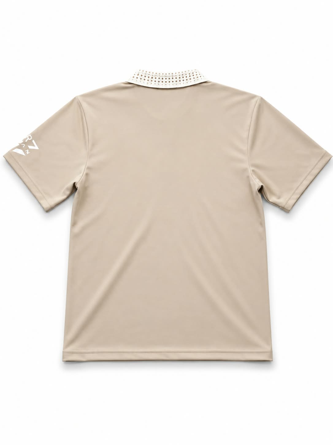 Back view of a premium polo t-shirt for men in beige color with textured knitted collar.