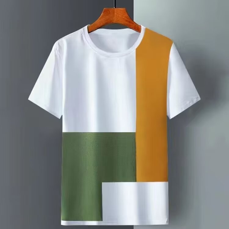 Men's Premium Geometric Color Block T-Shirt_Ice Silk Breathable Loose Fit Casual Streetwear Tee