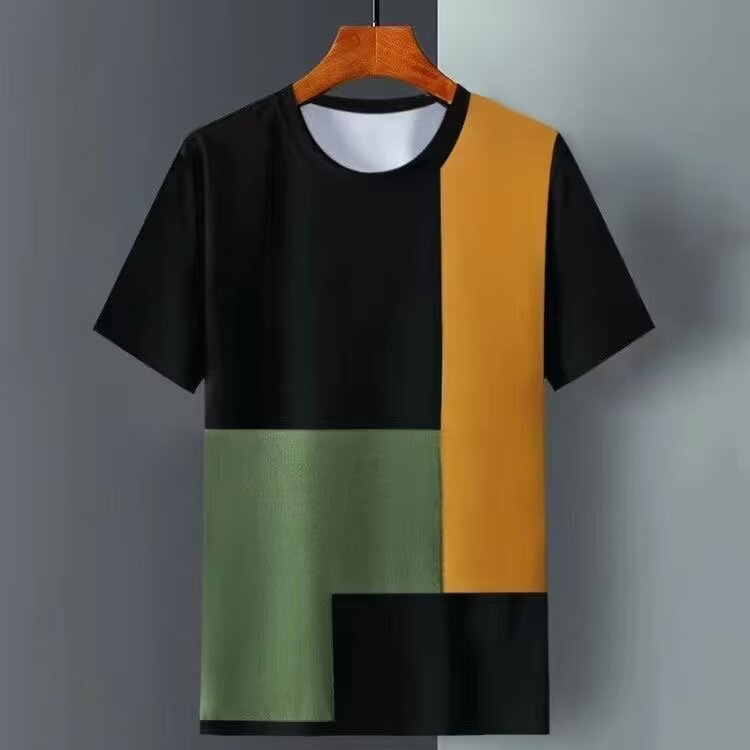 Men's Premium Geometric Color Block T-Shirt_Ice Silk Breathable Loose Fit Casual Streetwear Tee